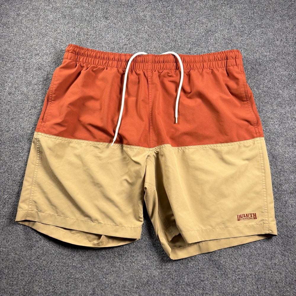 Duluth Trading Co Pier Genius Swim Trunks Mens XL Orange Tan Colorblock 9"